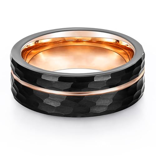 Bague de mariage en tungstène noir et or rose motif martelé de 8mm - 3