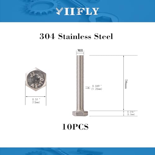 Image of M8x1.25 x 70mm Hex Head Screws Bolts, 304 Stainless Steel (A2-70), Bright Finish, Fully Threaded, Hexagon Head Bolts, Quantity 10