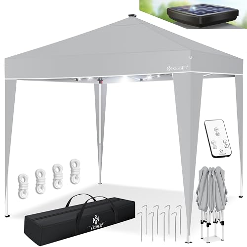 KESSER® Pavillon Faltpavillon 3x3m mit LED Beleuchtung | Pop-Up Gartenpavillon Höhenverstellbar Stabil Wasserdicht Winterfest | Partyzelt Festzelt UV-Schutz 50+ inkl. Fernbedienung & Tasche Hellgrau