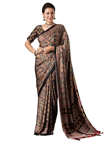 AKHILAM Women's Multicolor Crepe Ajrak Printed Saree with Unstitc...