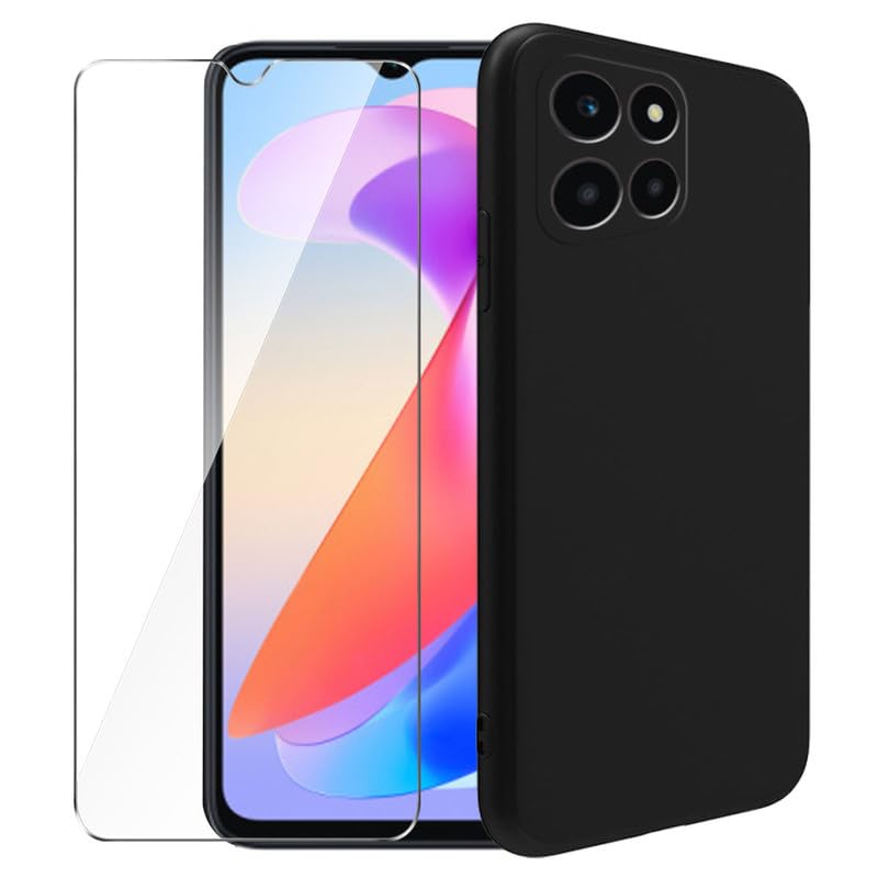 WDMYLFTW Case for Honor X6A + Glass Screen Protector Tempered Film - Transparent Silicone Soft Flexible Bumper Shockproof TPU Protective Cover Shell