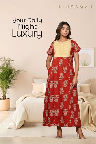 Image of NIHSAMAH Cotton Nighty for Women - Printed Stylish Night Gown, Comfortable Sleepwear Long Nightwear, Maxi