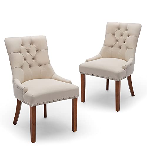 Loulens Set Of 2 Fabric Dining Chairs, Stylish Comfortable Dining Room Chairs With Unique Steel Pull Ring And Brown Rubber Wood Legs (Beige) #TOP13