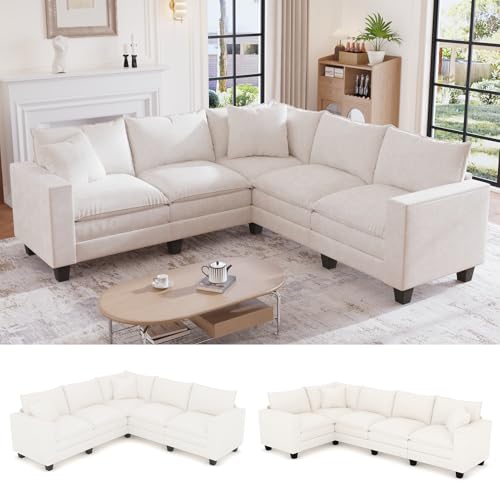 Image of 97 inch L Shaped Sectional Couch, Comfy Chenille Cloud Couch, 5 Seat Modular Cloud Sofa with 2 Pillows & Storage Armrests, Convertible V Shaped Corner Couch, Sectional Couches for Living Room, Beige