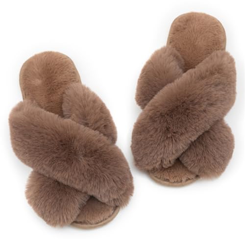 Image of Enteer Women's Slipper Memory Foam Cross Band Fuzzy Slippers Open Toe Cozy House Slippers Cozy Plush Bedroom Indoor Outdoor