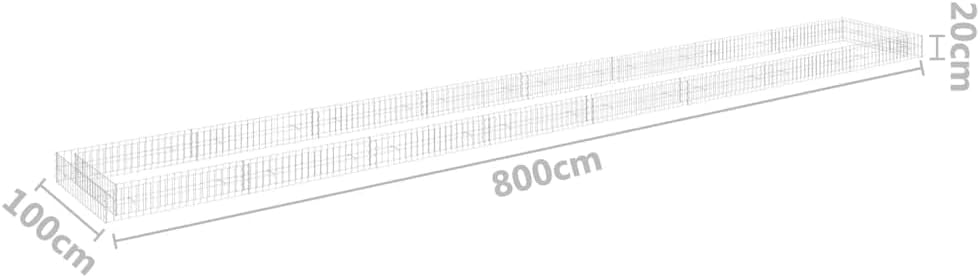 Diagram showing gabion dimensions: 800cm length, 100cm width, 20cm height