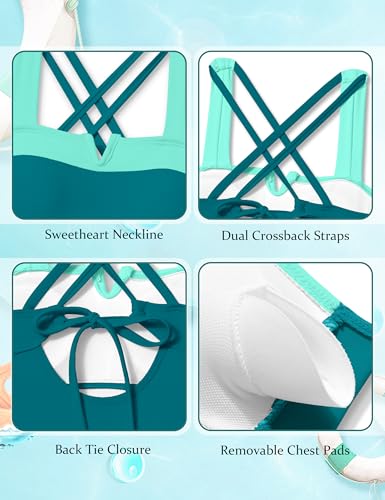 Image of Shallmu Girls One Piece Swimsuits Color Block Dual Crossback Straps with Cover Up Skirt Girl's Swimwear 9-16Y