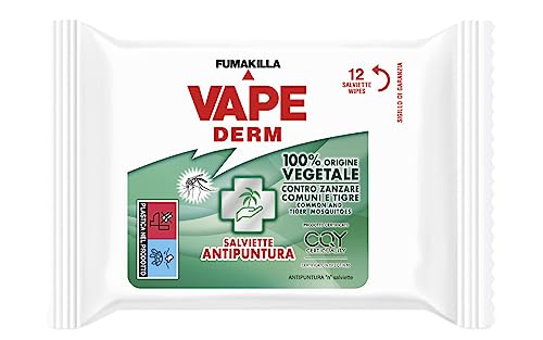 Vape, Vape Derm, 12 Salviette Antipuntura, Repellenti Zanzare con Ingredienti 100% di Origine Vegetale, Proteggono da Zanzare Comuni, Tigre,Altri Insetti, Efficaci per 4 h