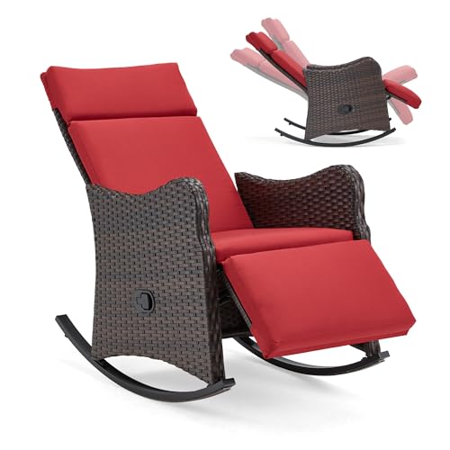HOMREST Outdoor Recliner for Patio, Wicker Rocking Chair with Extended Footrest, Porch Balcony...