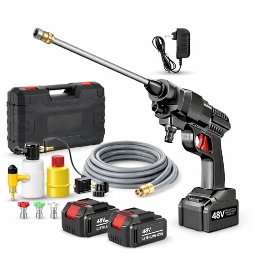Lavadora de Alta Pressão Portátil sem Fio, com 2 Baterias Recarregáveis, Pistola de Pressão, Carregador Bivolt e Maleta de Transporte, para Limpeza Automotiva e Doméstica