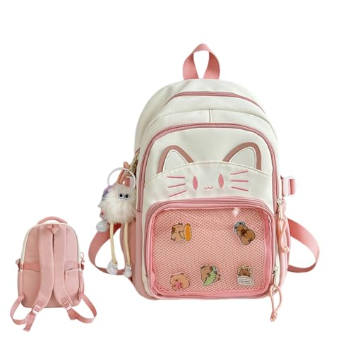Linda mochila Kawaii Cat Ita con pantalla de pines, mochila escolar Y2K para niñas y mujeres, mochila de nailon con dije de felpa y 5 insignias, 2 tamaños, rosa, 34cm