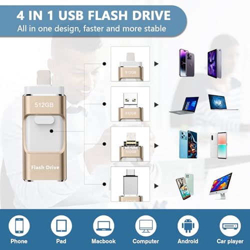 Image of 512GB Flash Drive[No App Required] Intended for Phone Tablet Androidphone and Computers, 4 in 1 Photo Stick for Phone Memory Storage Easily Backup Photos Videos（Gold）