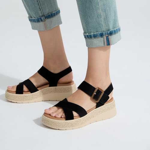 Image of UBFEN Womens Espadrille Platform Sandals Low Wedge Orthopedic Arch Support | Cushion Insole, Comfortable Dressy Buckle Sandals for Walking and Vacation, Low Heel, Adjustable Strap