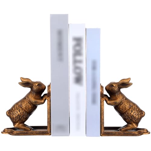 2 Pcs Decorative Bookends Antique Gold Bunny Book Ends, Heavy Duty Cast Iron Book Ends for Shelves,Unique bookends for Heavy Books, Vintage Antique Decor 5.3 lbs