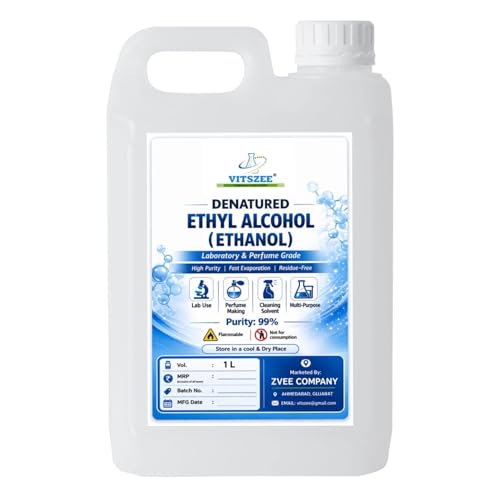 Image of VITSZEE Denatured Ethyl Alcohol 1L (Ethanol) | Laboratory & Perfume Grade | 99% Purity | Multi-Purpose Solvent | Fast Evaporation | Residue-Free Cleaning