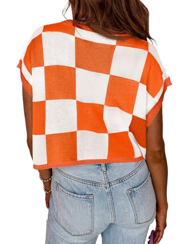 Image of Saodimallsu Womens Cap Sleeve Crop Tops Summer Color Block Going Out Crew Neck Knit Trendy Casual Sweater