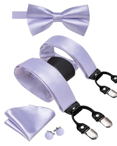 Image of Hi-Tie Men Suspender Bowtie Set Suspenders Pre-tied Bow Tie Pocket Square Cufflinks Adjustable Y Shape 6 Clips Braces Tuxedo