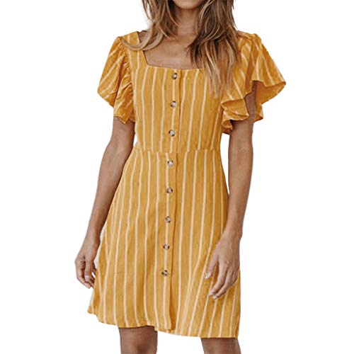 Bellelove Vintage Classic Strap Dress Women Strappy Striped Boho Dress Chic Square Neck Ruffle Short Sleeve Belt Dress Sundress Yellow