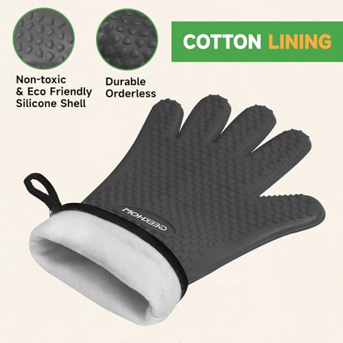 Image of GEEKHOM BBQ Gloves Heat Resistant Oven Mitts - Silicone Grilling Gloves with 13.7 inch Arm Protection - Waterproof Pot Holder Non-Slip for Men & Women, Kitchen Outdoor Cooking, Baking, Camping, Gray