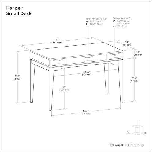 Image of SIMPLIHOME Harper Small Desk - 48 Inch Wide Solid Wood Writing Desk in Dark Brown Chestnut, Mid-Century Modern Home Office Computer Table for Study with 2 Drawers and Flip-Down Keyboard Tray