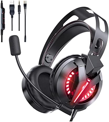Gaming Headset with Microphone for Ps 5, Double Head Beam Suspended Mushy Mushy Reminiscence Earmuffs, 7.1 Encompass Sound Wired Headset LED Gentle for PS5, PC, PS4, iMac, Laptop computer