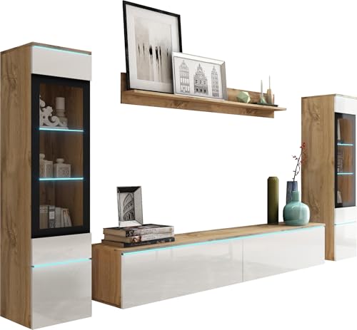 Foto von MINIO go for it - Wohnwand 4-Teilig Set Veve 2 I Hängend oder Stehend I 2X Hochschrank-Vitrine I Lowboard I Wandboard I Laminierte Spannplatte I Wotan Eiche und Weiß Gloss - LED Beleuchtung