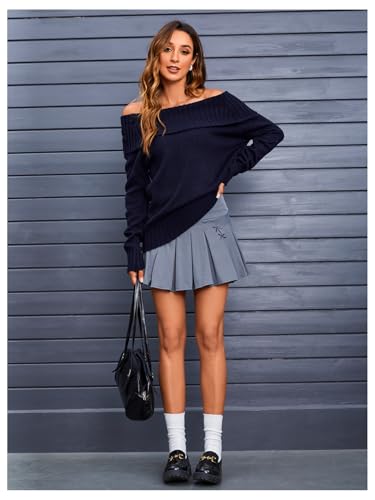 Image of MakeMeChic Women's Long Sleeve Sweater Off The Shoulder Rib Knitted Tops Loose Knitwear Blue Medium