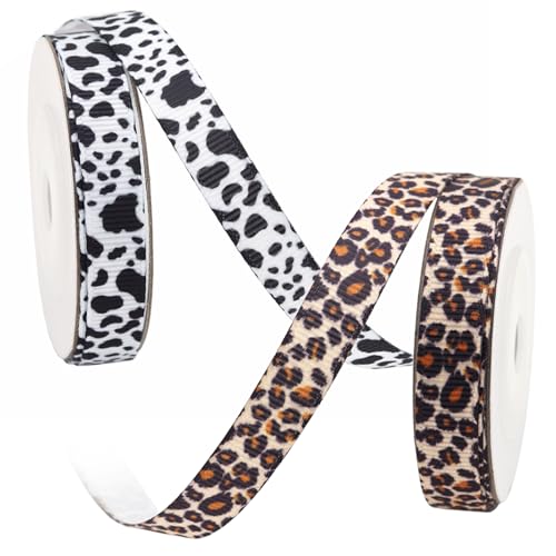 2 rotoli da 4,6 m di nastro con stampa leopardata e mucca, per confezioni regalo, artigianato fai da te, decorazioni per feste, fasce per capelli (1 cm)