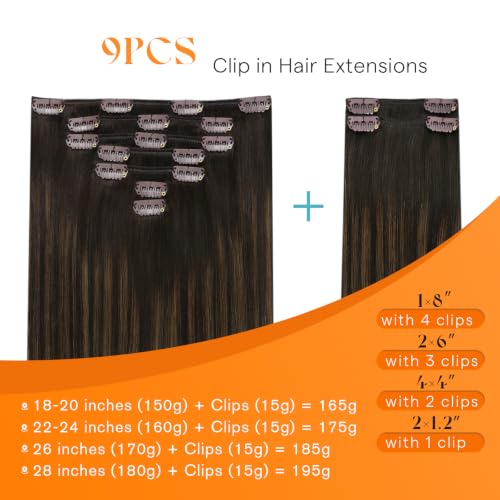 Image of Sunny Hair Clip in Hair Extensions Real Human Hair Balayage 18 Inch 170g | Remy Hair Clip in Extensions Dark Brown Balayage for Thick and Full Hair with Natural Thickness, Heat Styling Friendly