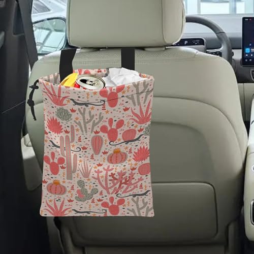 Image of Car Trash Bag Hanging Cacti and Lizards Car Trash Can Waterproof Garbage Bag Hanging for Car Back Seat with Adjustable Straps and Drawstring for Car Accessories Vehicle Travelling