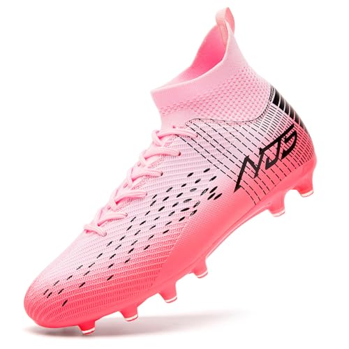 Mokayu Chaussures de Football Homme Haute Bande Spike Crampons Profession Chaussures de Foot Adultes Athlétisme Entrainement Chaussures de Sport Rose EU 39