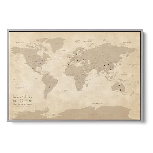 Image of Vintage Canvas Travel Pin Map of the World - Antique Style World Map with Pins - Personalized Framed Wall Art - Silver Float Frame - 24 inch x 36 inch