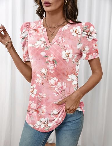 Image of LOMON Spring Summer Tops for Women 2026 V Neck Puff Short Sleeve Tops Fashion Trendy Work Blouses Dressy Casual S-XXL