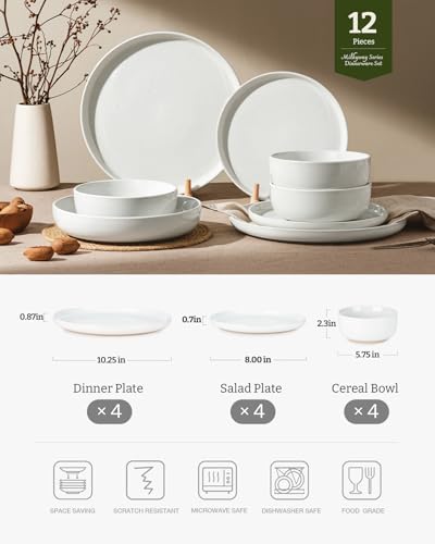 Image of Famiware Milkyway 12-Piece Stoneware Dinnerware Set for 4, Plates and Bowls, Scratch Resistant, Microwave & Dishwasher Safe, White