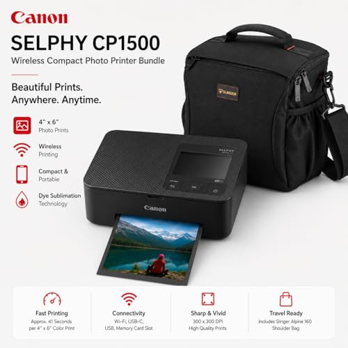 Image of Canon SELPHY CP1500 Wireless Compact Photo Printer White Bundle with KP-108IN Color Ink & Paper Set, Slinger Alpine 160 Shoulder Bag, Power Adapter, Paper Cassette and AC Cable (Black)