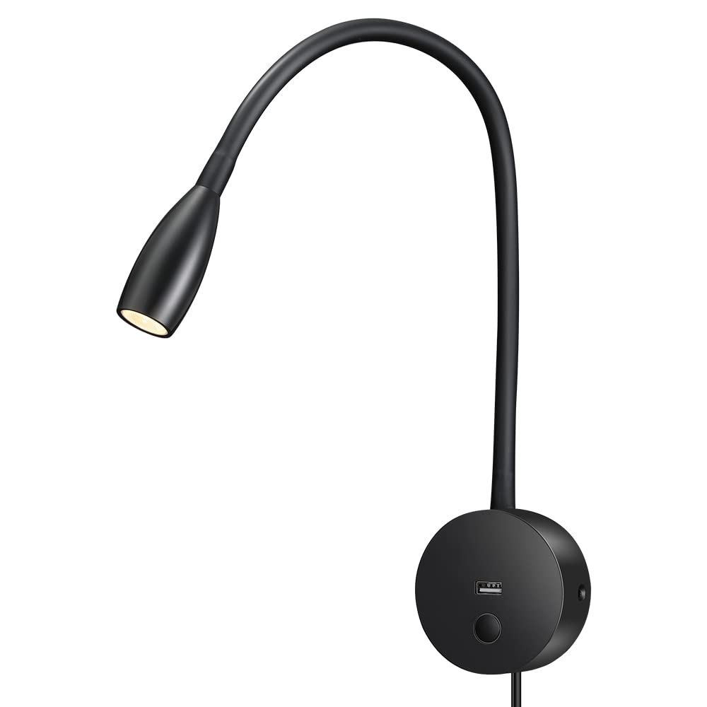 Applique Murale LED ERWEY - Lampe Lecture 360° Réglable - 3 Températures Couleur + Port USB - Noir