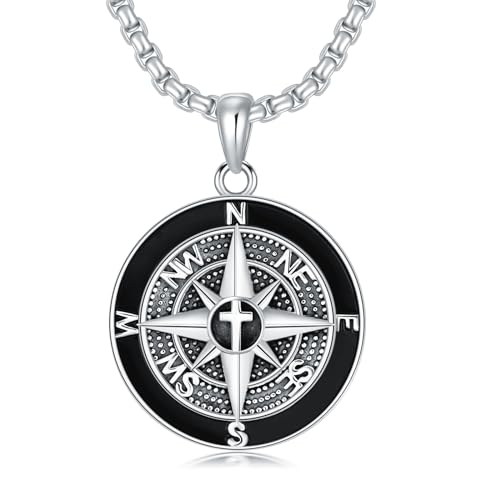 925 Sterling Silver Compass Necklace for Men, w/Stainless Steel Chain 22+2 Inch