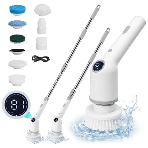 AISEELY Cepillo De Limpieza Electrico, Cepillo Electrico Limpieza Hogar con 9 Cabezales De Cepillo De Repuesto - Baño Brush 3 Velocidades Ajustables con Mango Extensión Ajustable
