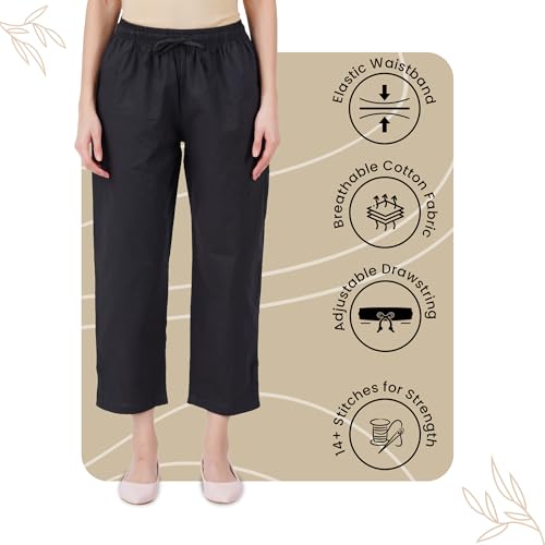 Image of Happy Bunny Parallel Pants for Women 100% Cotton Ankle Length Trousers Regular Fit with Elastic Drawstring Stylish & Pockets Casual Formal Wear for Office & Home