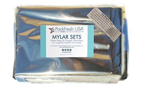 Packfreshusa: 5 Gallon Genuine Mylar Bags (19" X 28”) - 2000Cc + 500Cc High Capacity Oxygen Absorber - Rounded Corners - Heat Sealable - Long-Term Food Storage - 5 Pack #TOP3