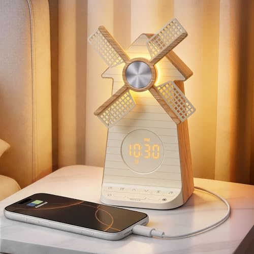 RETEYUNG Réveil avec veilleuse enfant à moulin à vent rotatif, Réveil simulateur d'aube, Alarme LED avec snooze, 20 sons apaisants, port USB, Décoration...