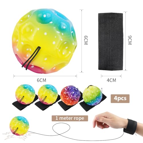 Meleager Space Ball mit Seil, Handgelenkball mit Gummiband, 4 Stück Astronomische Sprungbälle, Mehrfarbig Moon Bouncing Ball, Sportball für Spiele und Training