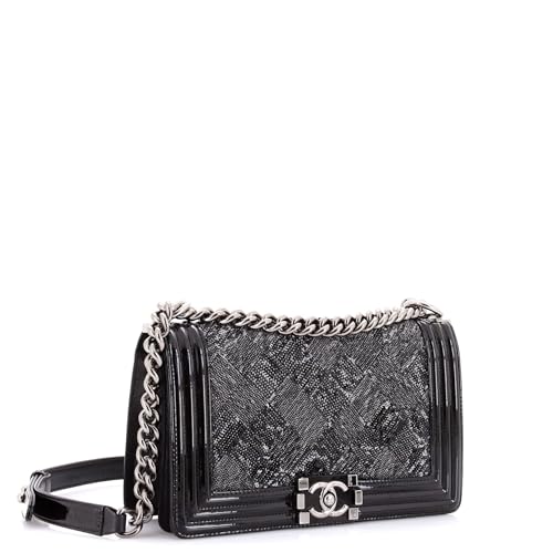Pre-Loved Boy Flap Bag Sequin with Patent Old Medium, Black3