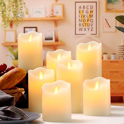 Flameless Candles Flickering Battery Operated LED Candles Set of 7 (D:3" X H:4" 4" 5" 5" 6" 7" 8") Ivory Real Wax Pillar with Moving Flame & 10-Key Remote Control and Cycling 24 Hours Timer