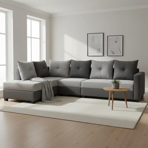 Image of SOCOZI Oriana 6 Seater LHS L Shape Sofa Set | Soft Velvet Suede Fabric | Modern Design | Plush Comfort Cushions for Living Room (Light Grey- Dark Grey)