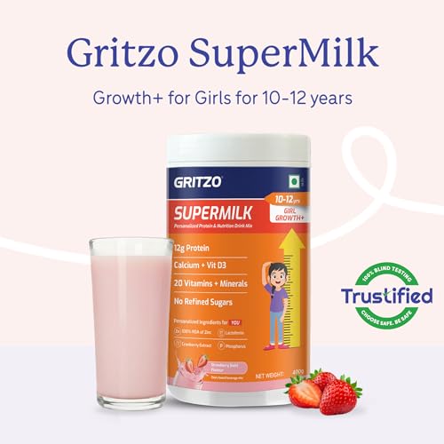Image of Gritzo SuperMilk Growth+ (10-12y Girl), Strawberry Swirl, 400g | 12g Protein with 20 Vitamins & Minerals | Zero Refined Sugar