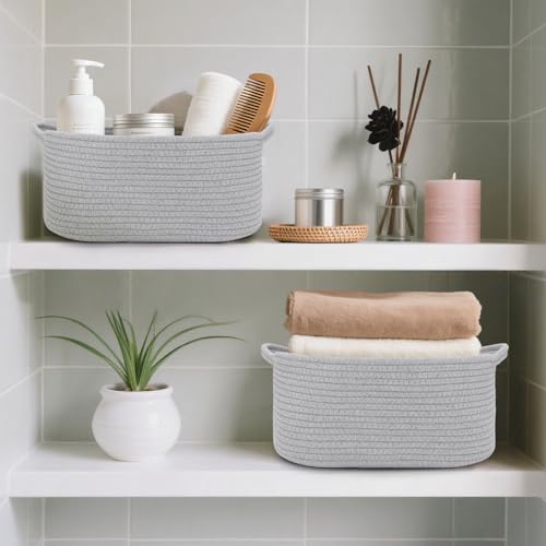 Image of Woven Basket with Gift Bags and Ribbons, 14 inchX 10 inch X 6 inch Storage Basket Grey | Gift Storage Organizer Basket Bin Shelf Shelves Cotton Rope Basket for Nursery, Pet Toys