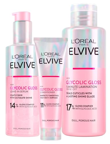L'Oréal Paris Elvive Glycolic Gloss - Tratamiento de laminación de 5 minutos (200 ml) + suero sin aclarado (150 ml) + acondicionador (150 ml) - Kit para cabello opaco y poroso, más intenso y duradero