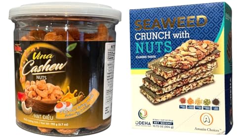 Image of Combo - Salted Cheese Cashew Nuts and Seaweed Crunch with Nuts - Hat Dieu Vi Muoi Pho Mai va Rong Bien Don Ket Hop Cac Loai Dau - 6 Oz per Can and 10 Oz per Box with 2 Iterms per Order