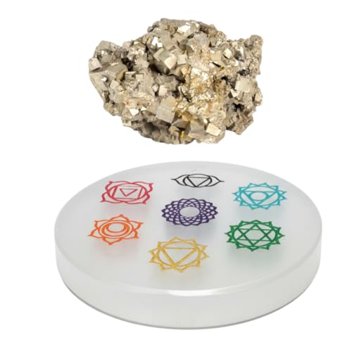 Image of inchOriginal Pyrite Stone with Natural Selenite Charging Plate | Lab Certified Crystal Set for Wealth, Business Luck, Reiki Healing & Vastu Energy inch (SEL+ COLOUR)
